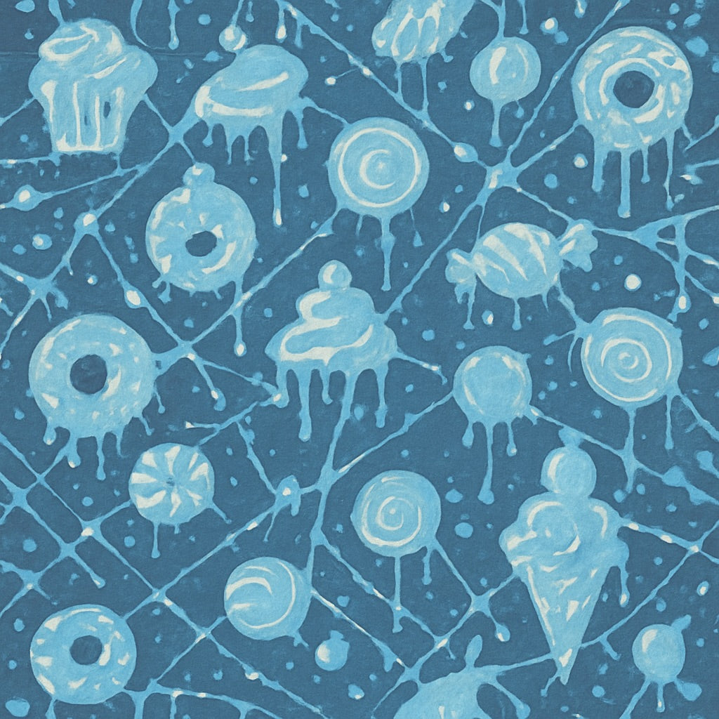 Pattern of ice cream cones, donuts, and cupcakes in light blue on a dark blue background