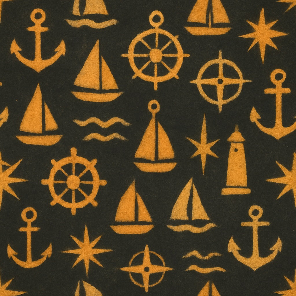 Nautical pattern with anchors, ships, and stars on a black background