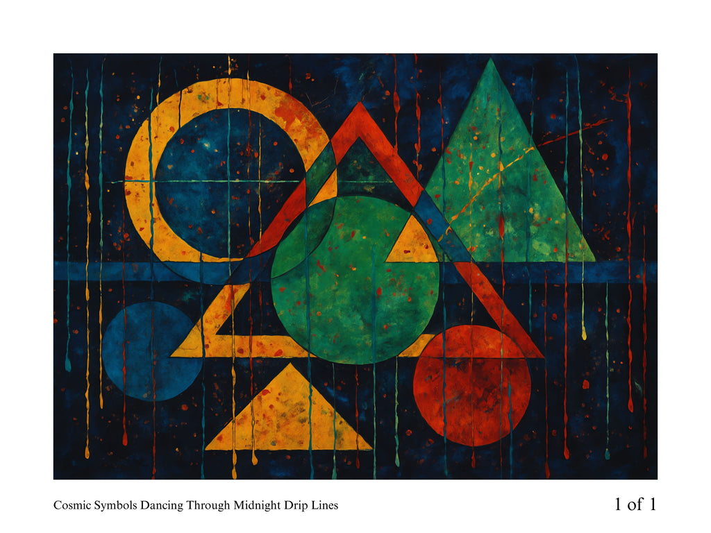 Abstract artwork with cosmic symbols and colorful drips on a dark background