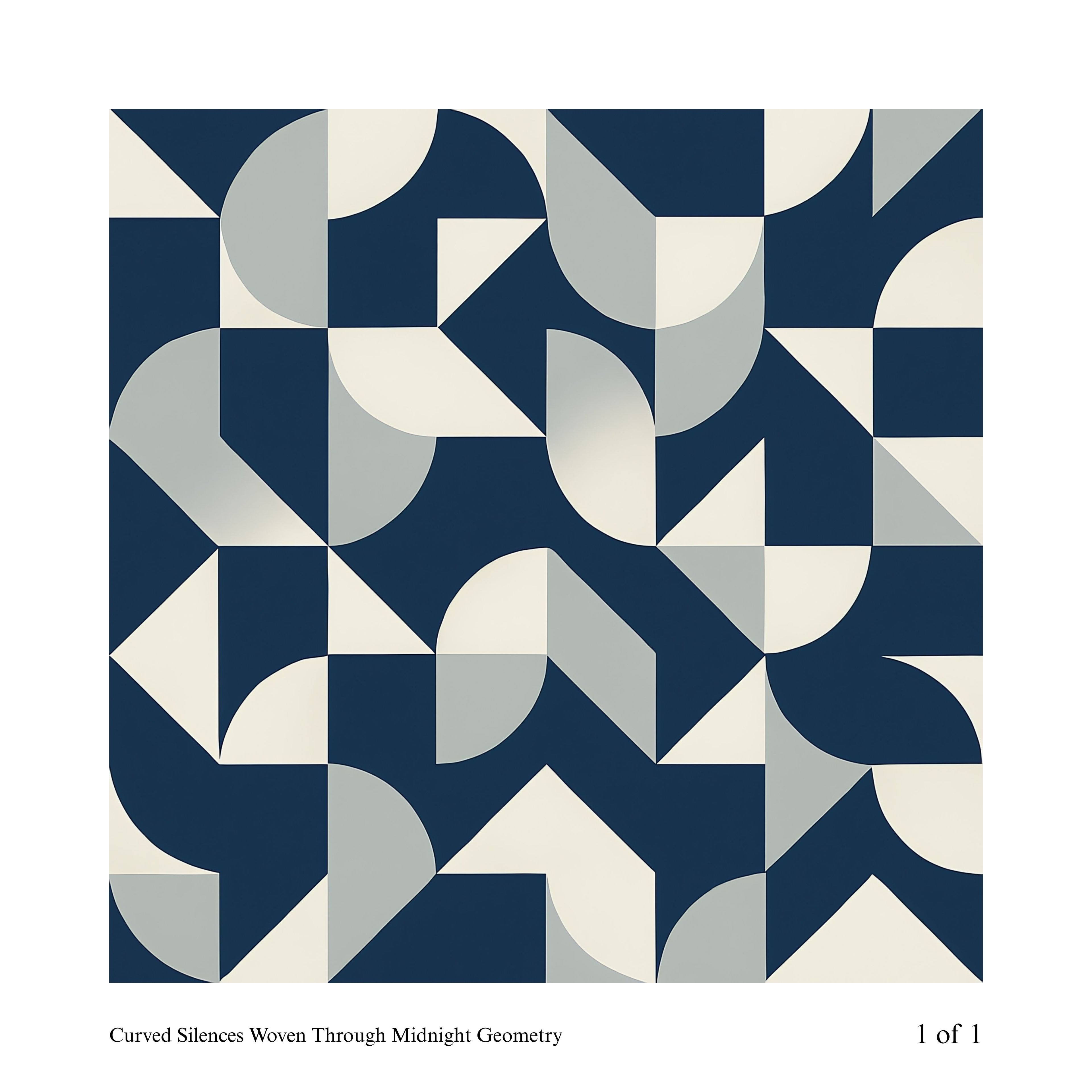 Geometric pattern with curved shapes in blue, gray, and white on a white background.