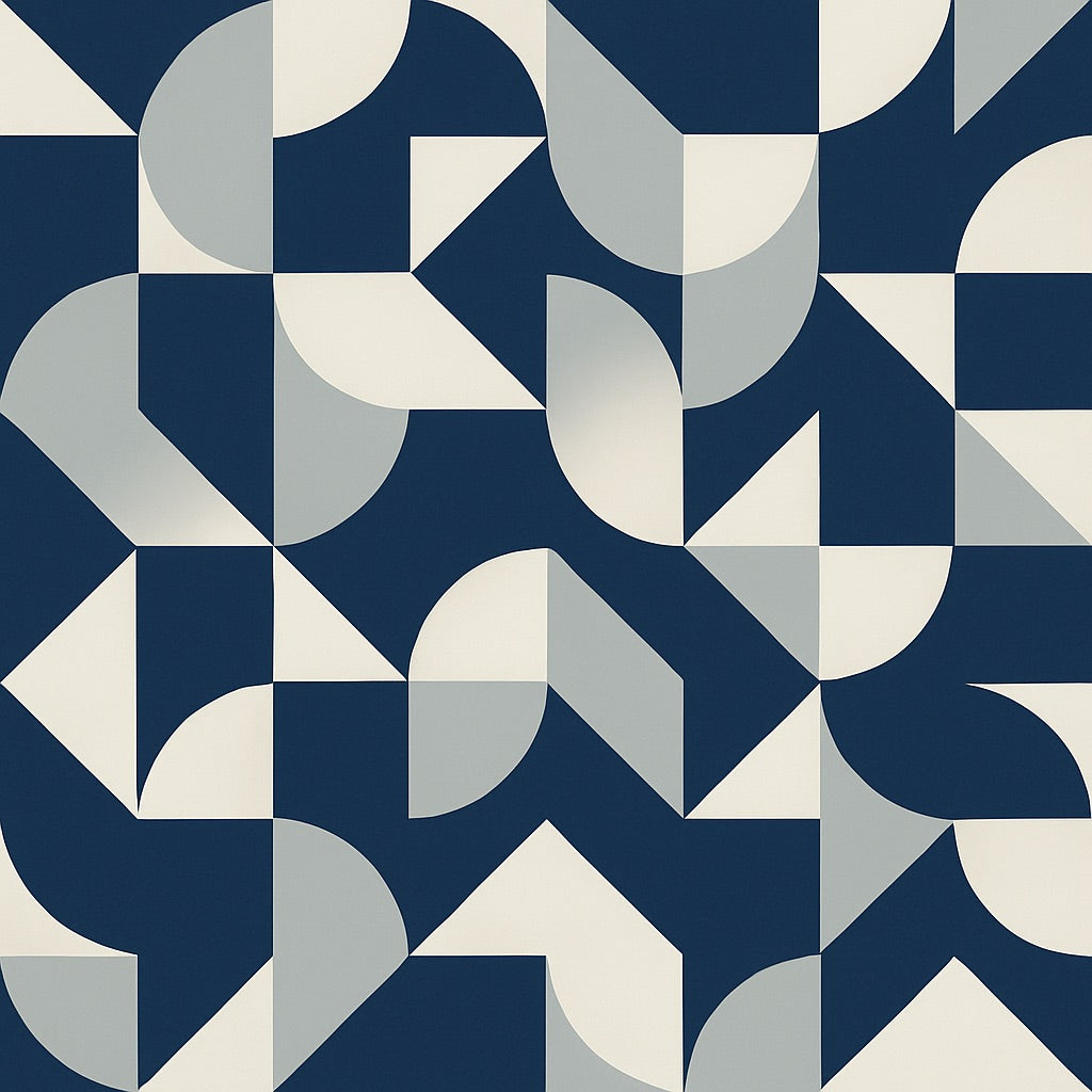 Geometric pattern with blue, gray, and white shapes on a blue background