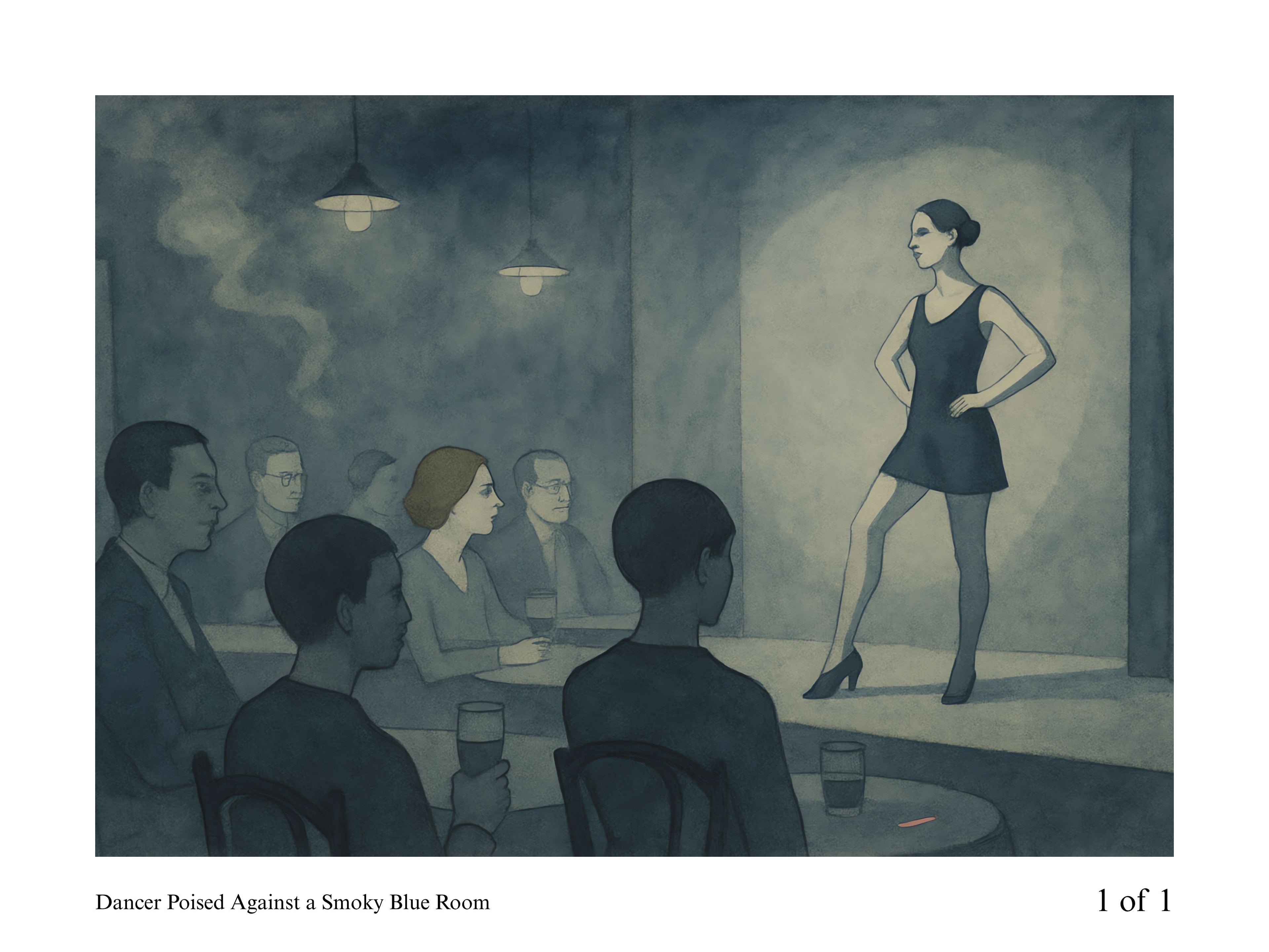 Illustration of a dancer posing against a smoky blue room with people sitting at tables.
