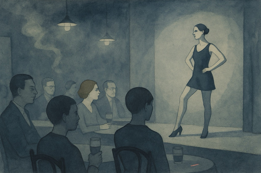 Illustration of a woman performing on stage in front of an audience in a dimly lit theater.