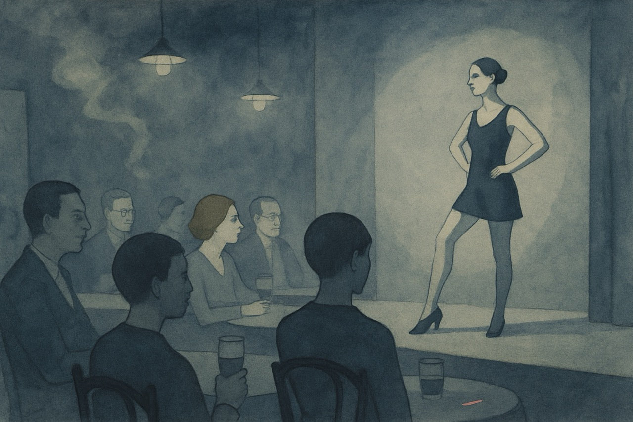 Illustration of a woman performing on stage in front of an audience in a dimly lit theater.