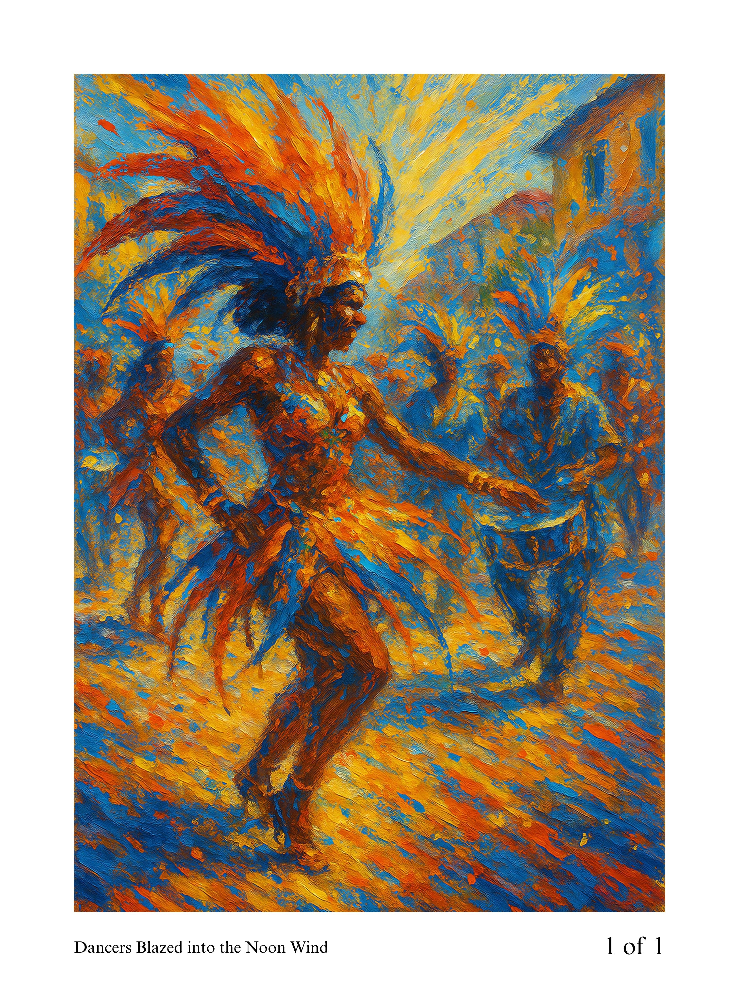 Colorful painting of dancers with headdresses against a blue sky.