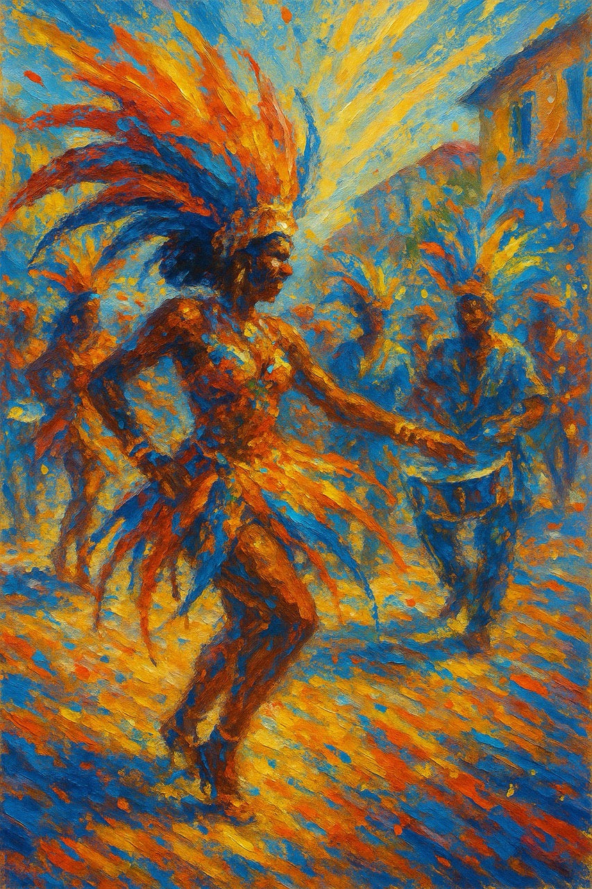 Artistic depiction of a dancer with vibrant headdress and costume, set against a colorful background.