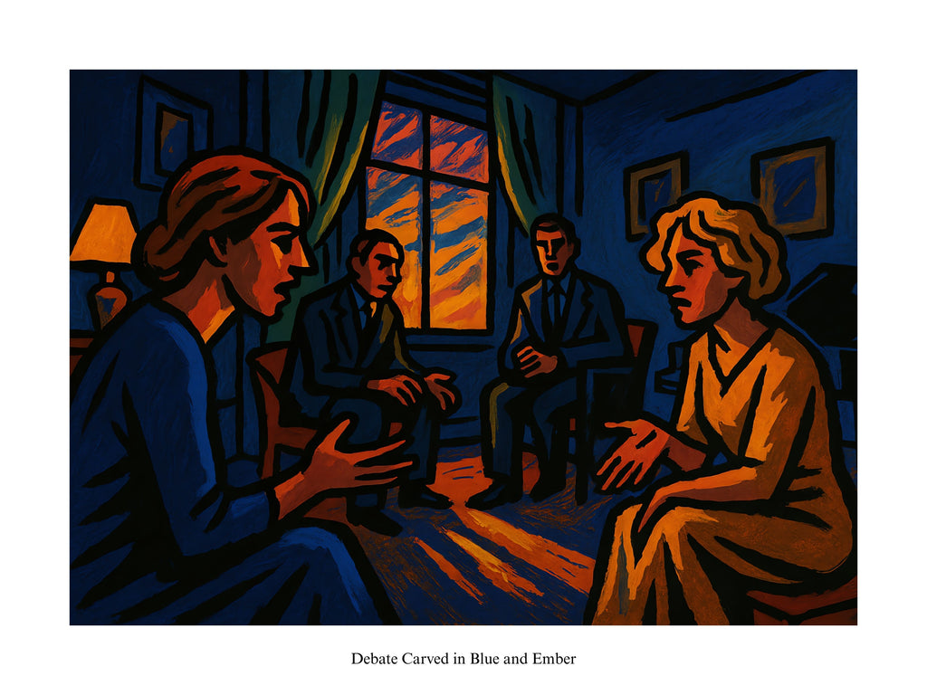 Artistic depiction of a group discussion in a room with warm lighting.