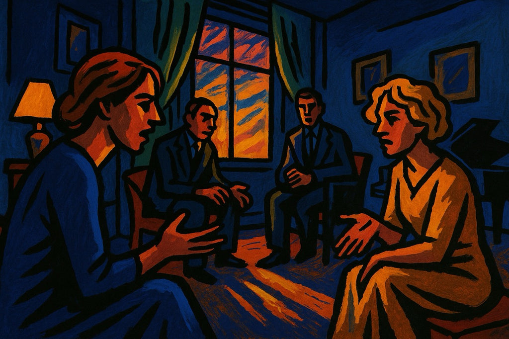 Artistic depiction of a group of people in a room with a window showing sunset.