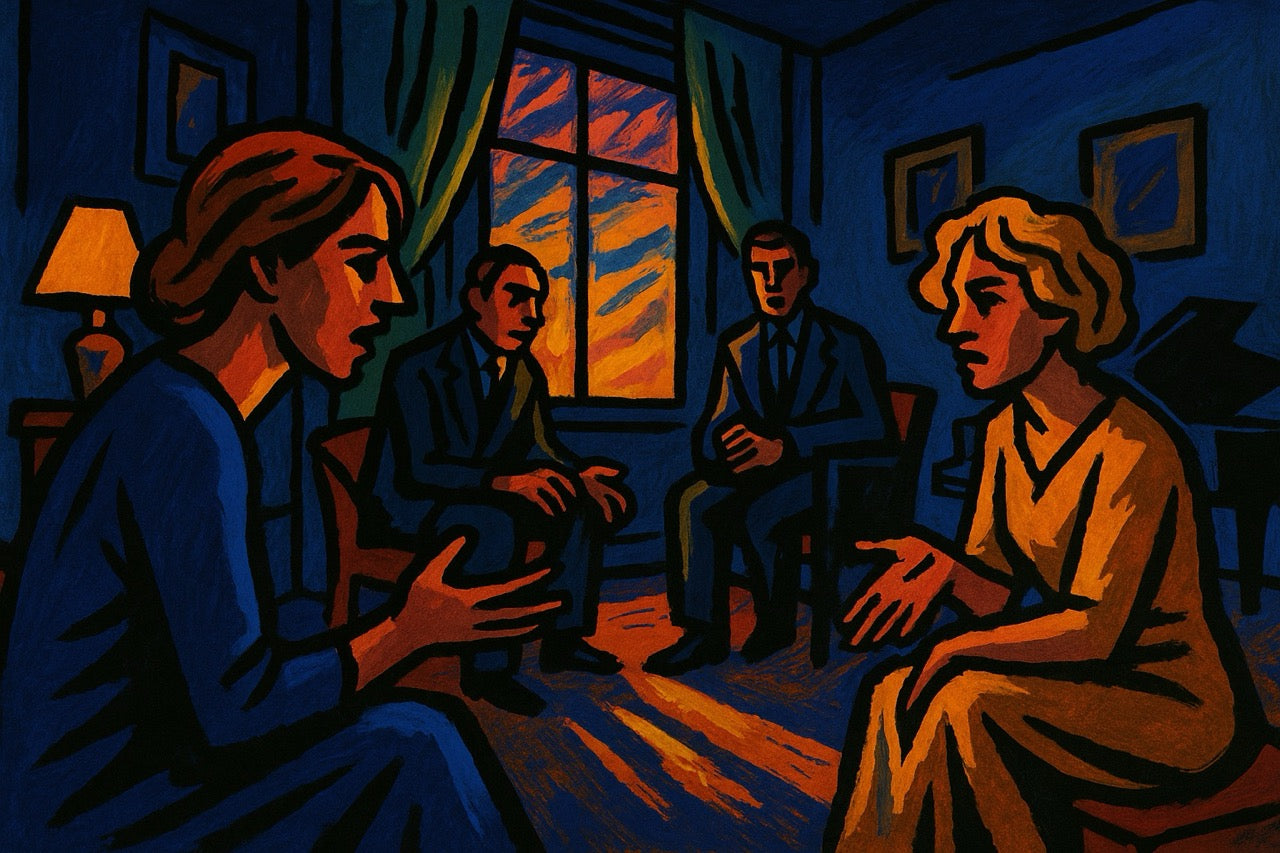 Artistic depiction of a group of people in a room with a window showing sunset.