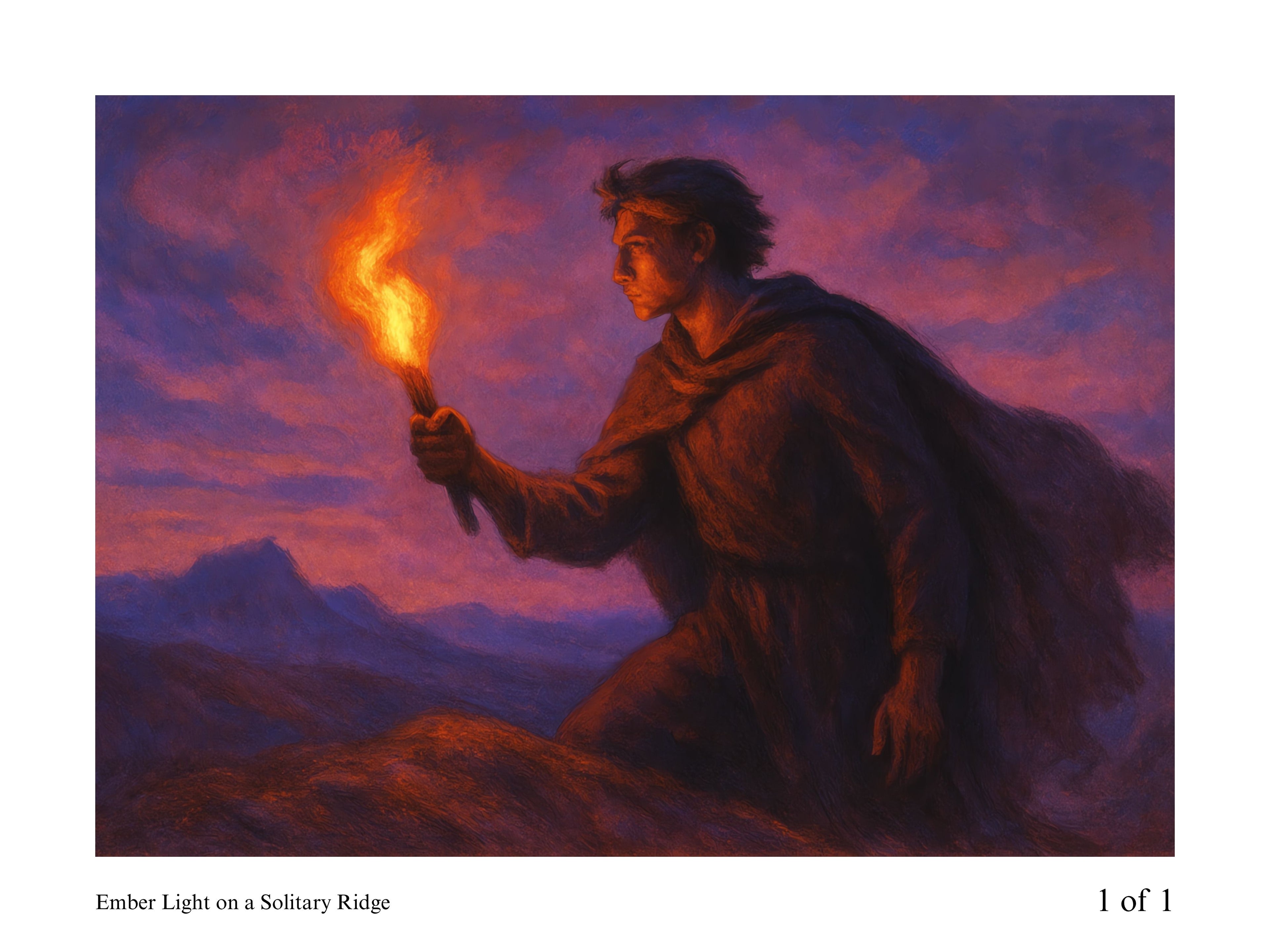 Man in a robe holding a flaming torch against a purple sky with mountains.
