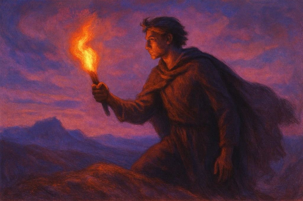 Person in a cloak holding a torch against a purple sky with mountains in the background