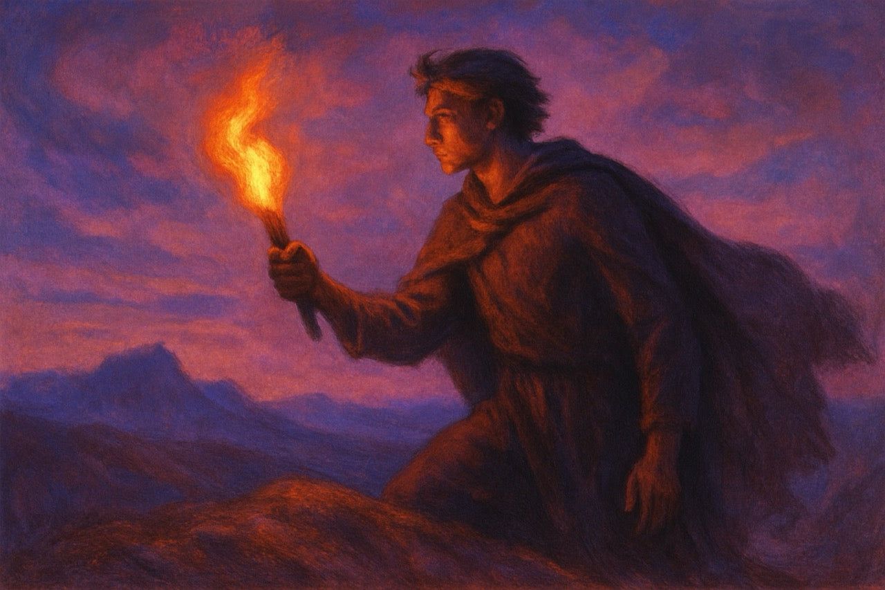 Person in a cloak holding a torch against a purple sky with mountains in the background