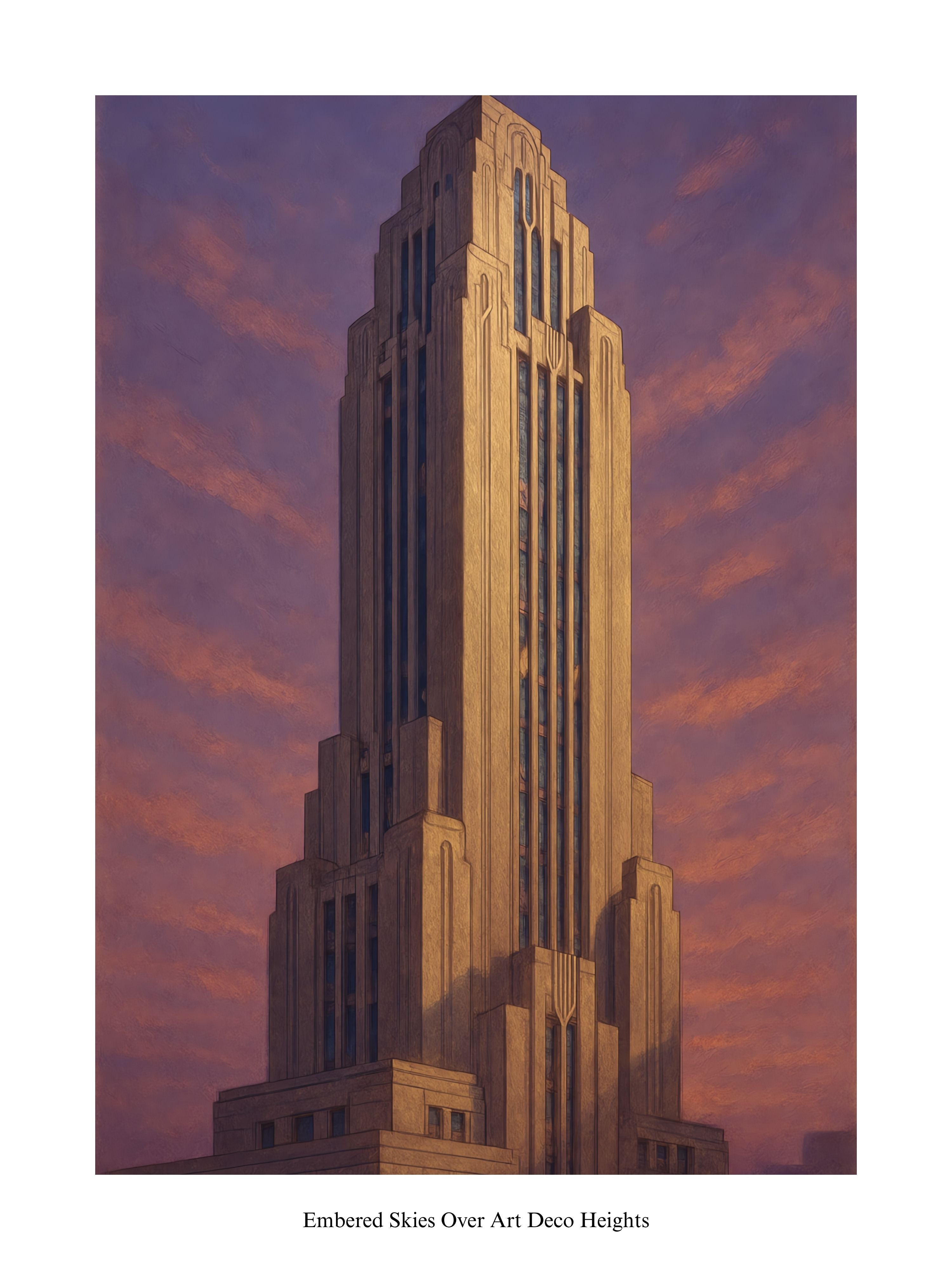 Art Deco-style building with a dramatic sky in the background