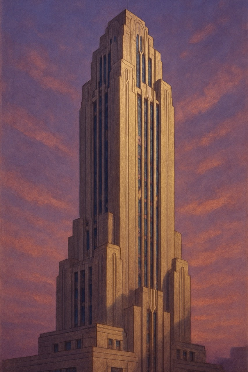 Tall beige building against a pink and purple sky