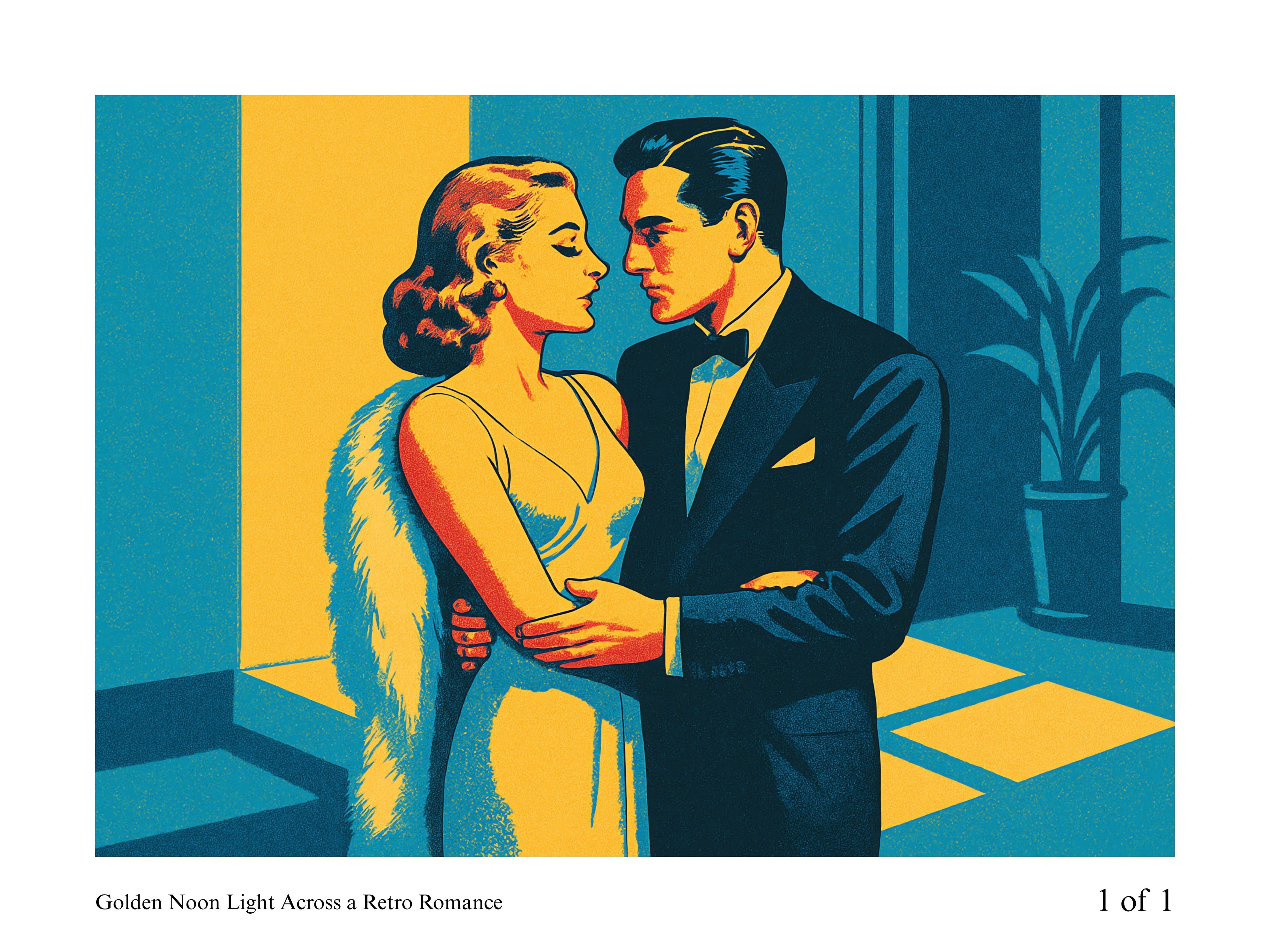 Illustration of a couple embracing in a stylized room with a retro design.