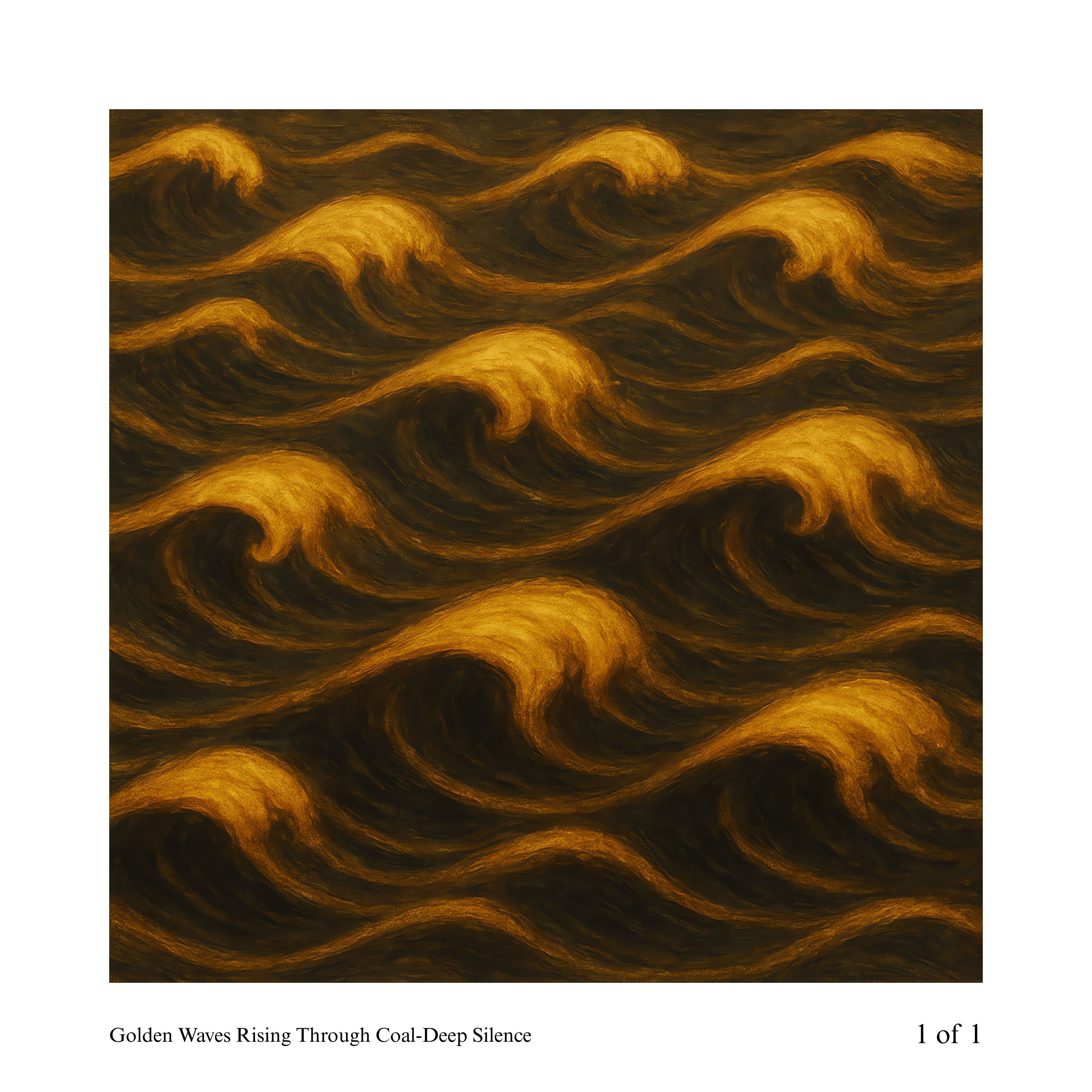 Artistic depiction of golden waves on a dark background with text 'Golden Waves Rising Through Coal-Deep Silence'.