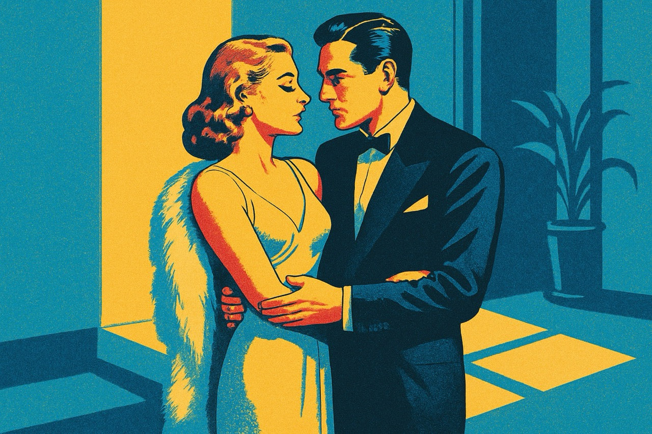 Illustration of a couple embracing in a stylized room with blue and yellow tones.