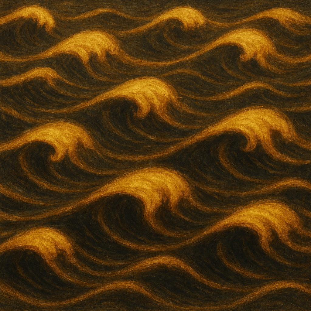 Pattern of wavy lines in gold on a dark brown background