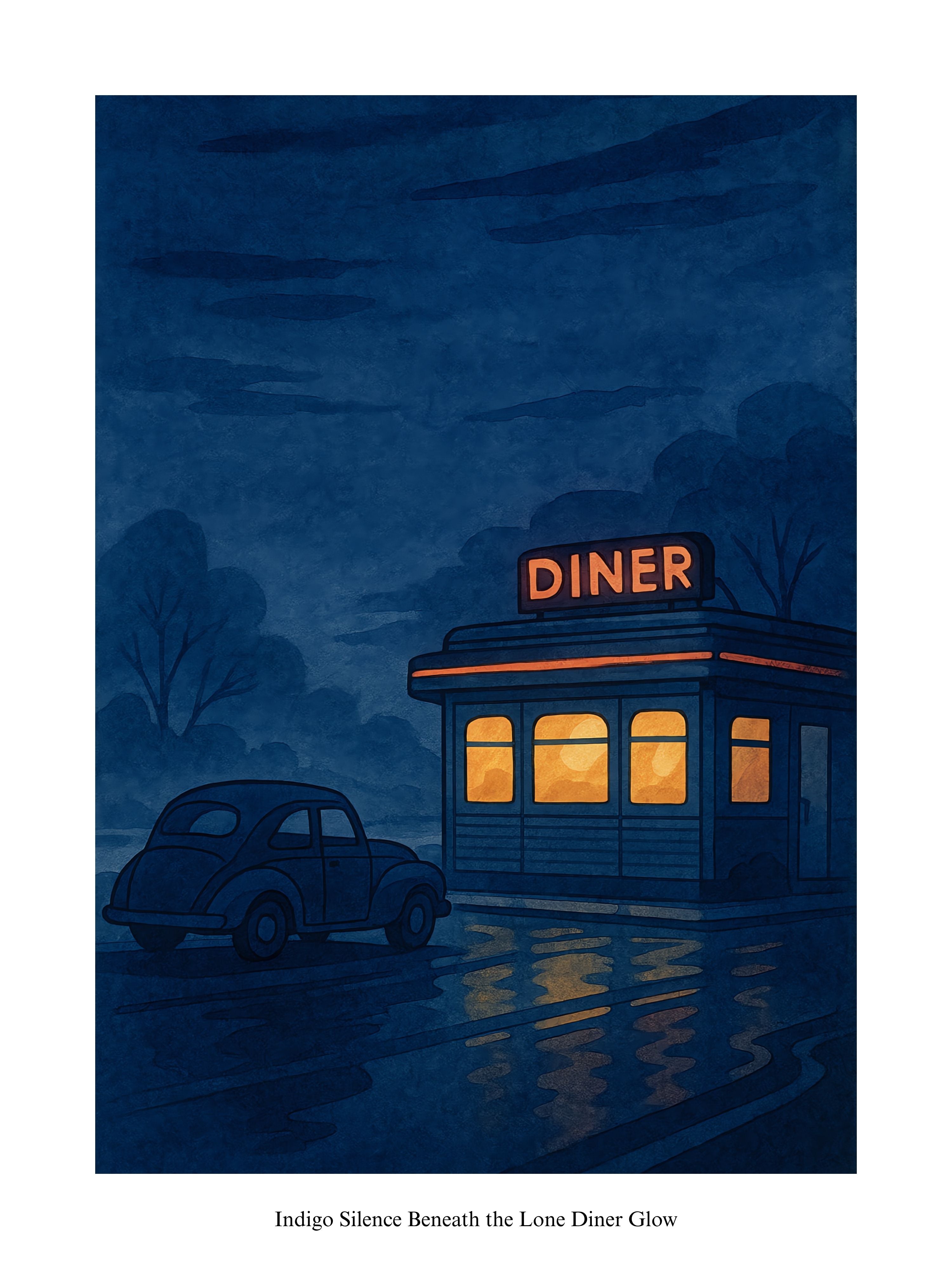 Illustration of a diner at night with a car parked in front, under a dark blue sky.