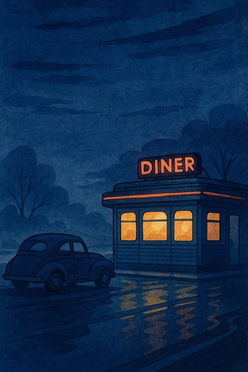 Illustration of a diner at night with a vintage car parked in front.