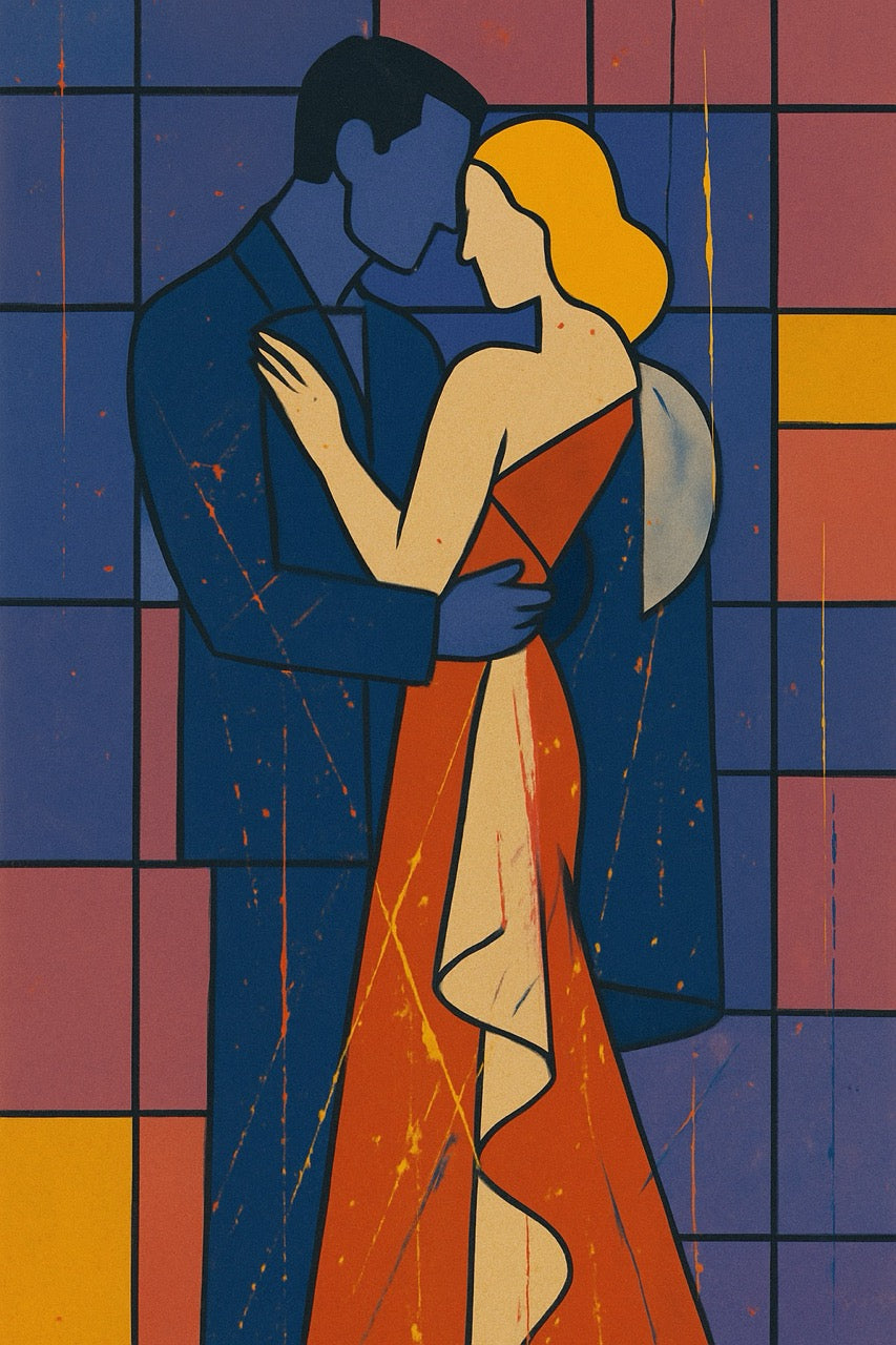 Artistic depiction of a couple embracing against a colorful geometric background