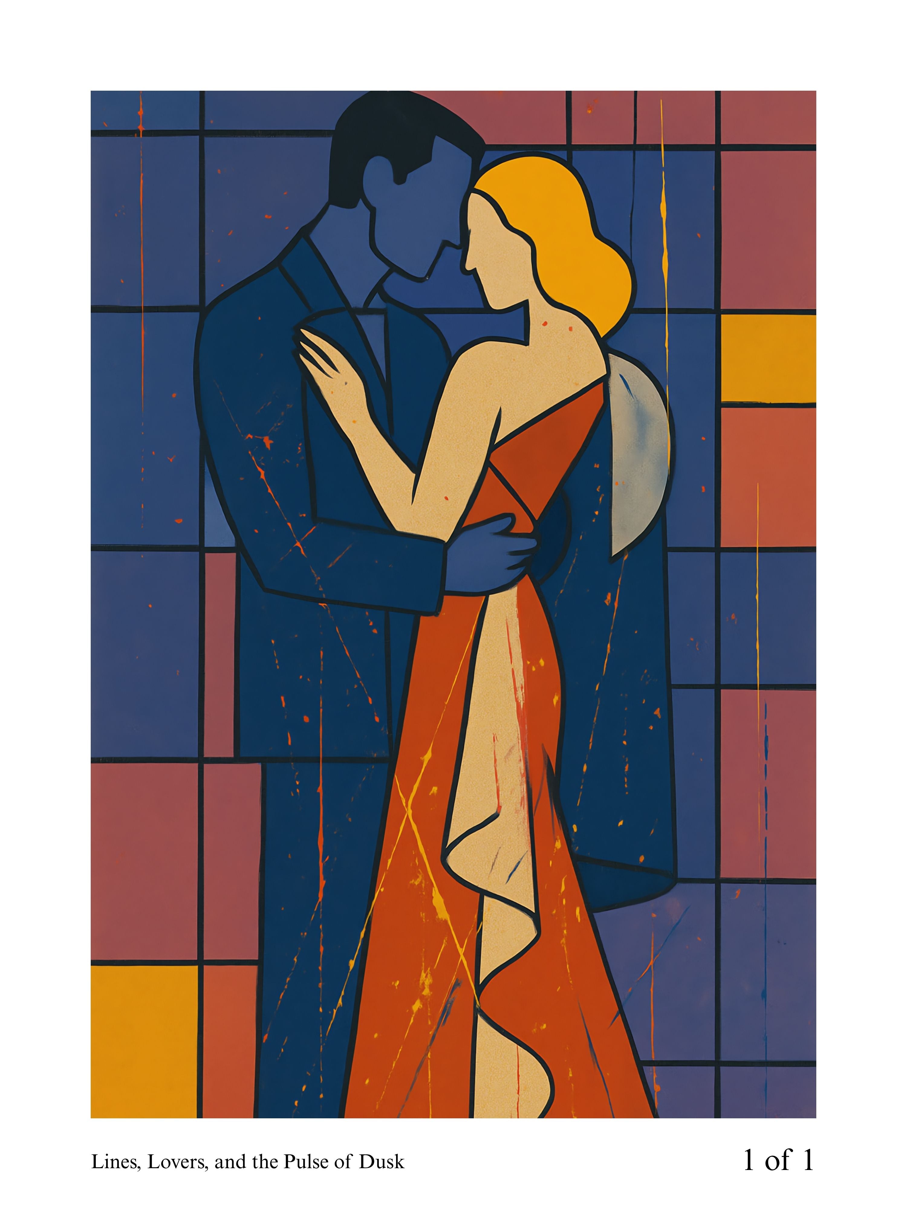 Artistic depiction of a couple embracing against a geometric patterned background