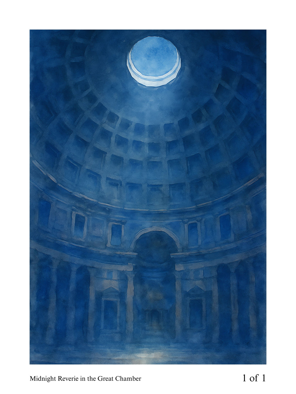 Artistic depiction of a domed interior with a blue color scheme, labeled 'Midnight Reverie in the Great Chamber'.