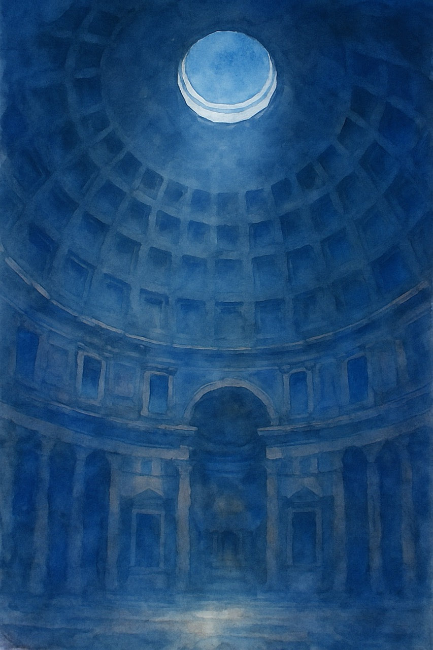 Artistic depiction of a domed building interior in blue tones