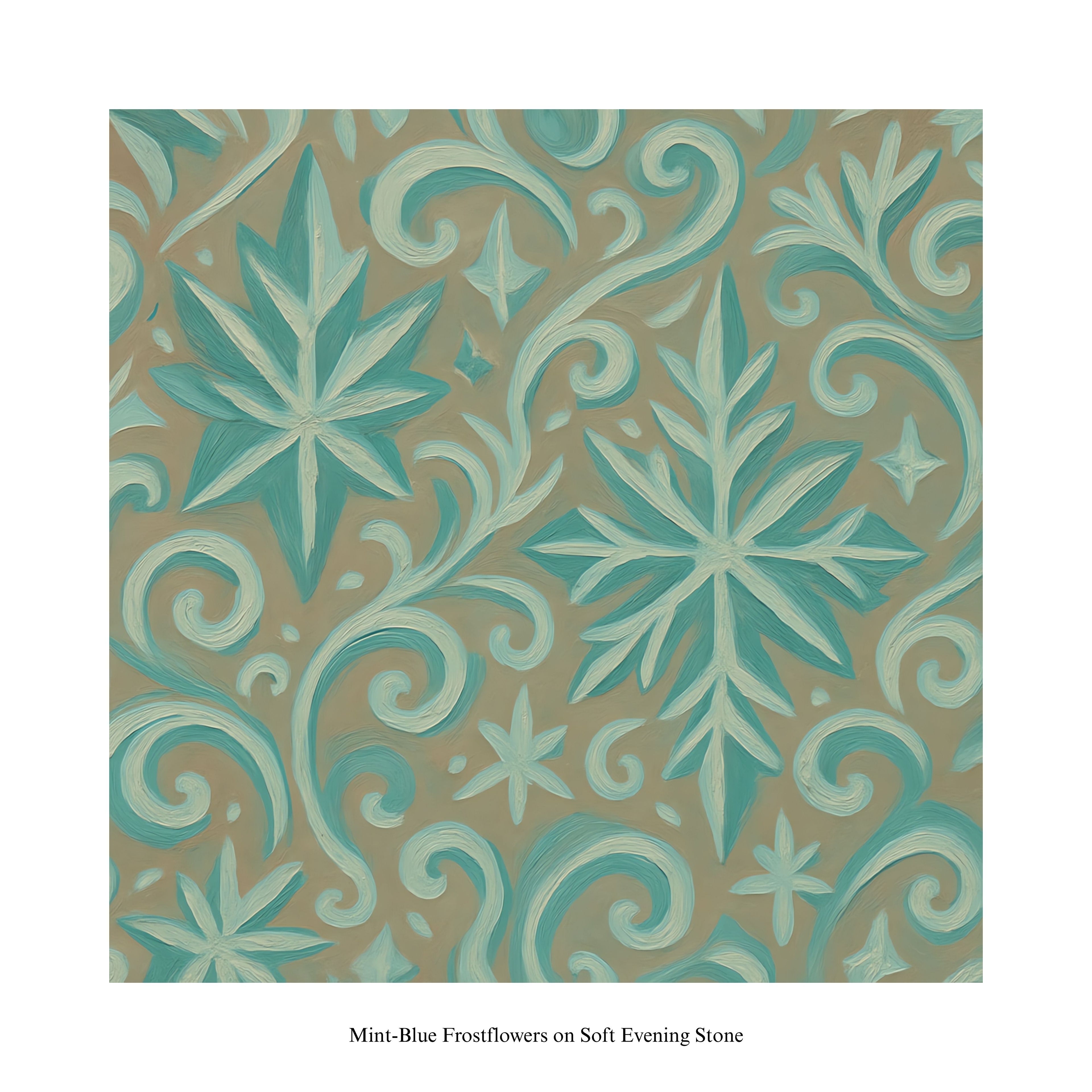 Pattern with mint-blue frostflowers on a soft evening stone background