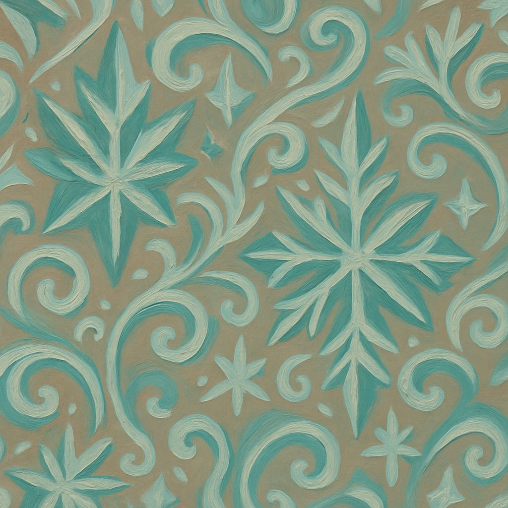 Decorative pattern with green and beige leaves and swirls on a beige background