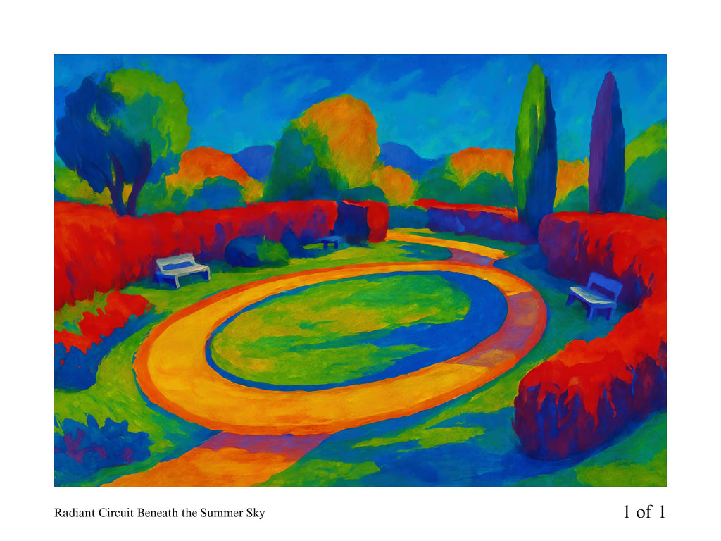 Colorful abstract landscape painting with a garden and pathway.