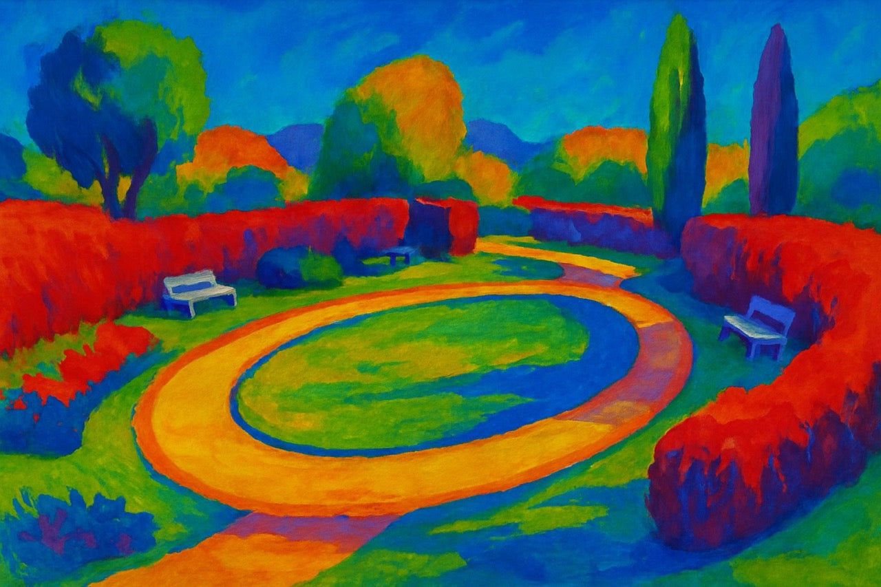 Colorful painting of a garden with paths and benches