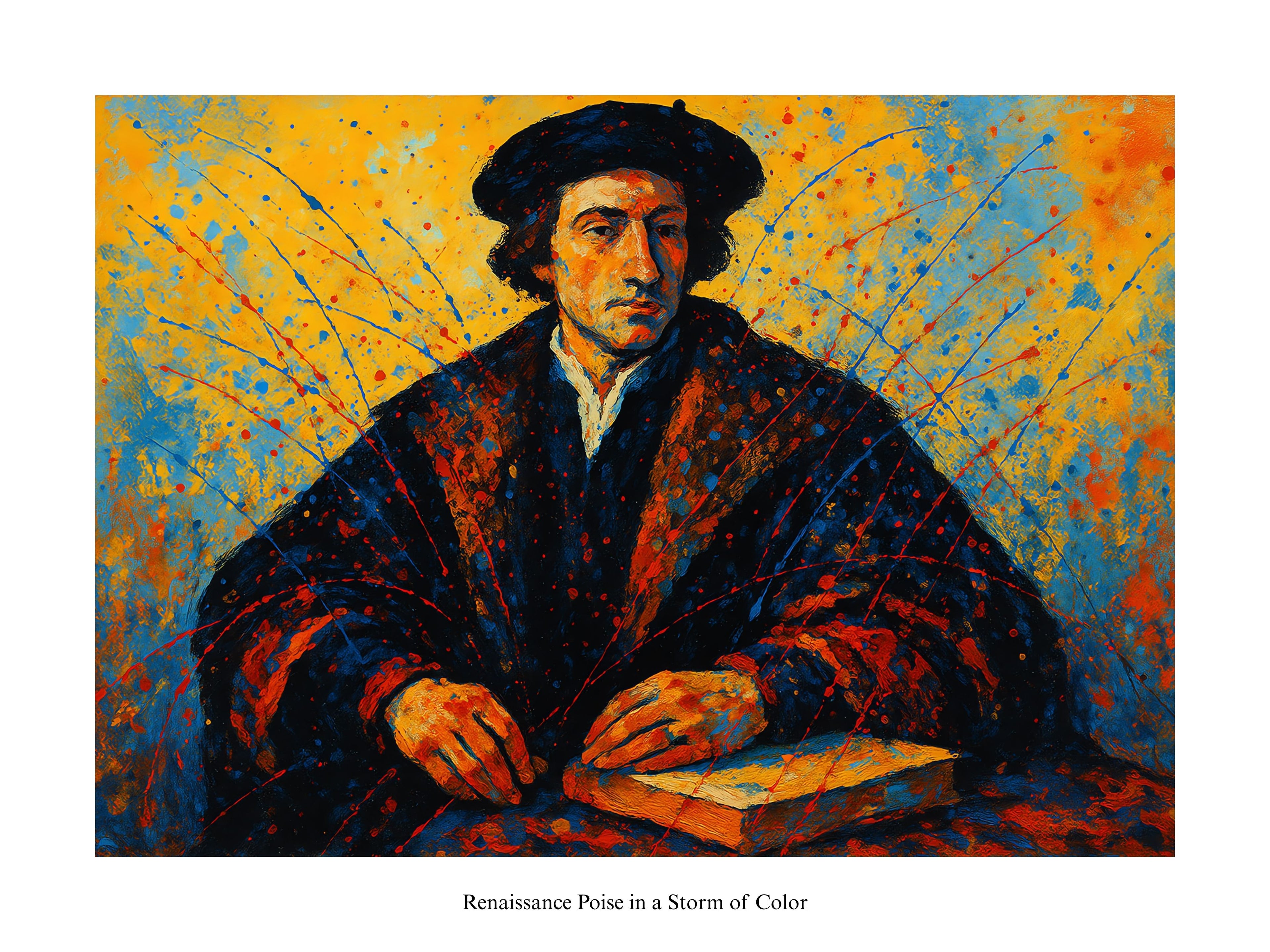 Artistic depiction of a Renaissance figure with a colorful abstract background