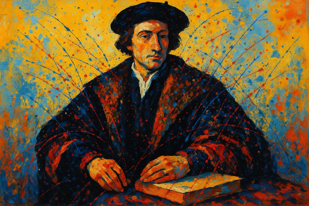 Painting of a man in a dark robe with a colorful abstract background