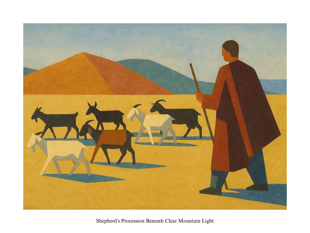 Painting of a shepherd with goats under clear mountain light