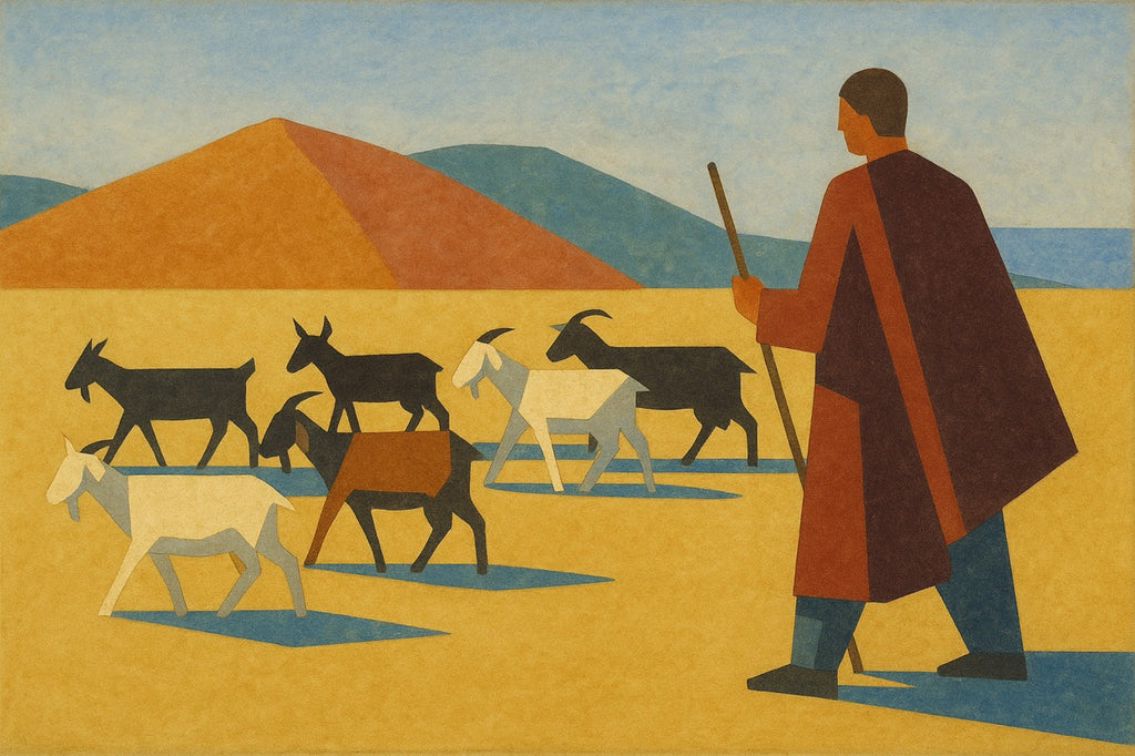 Painting of a shepherd with goats in a desert landscape