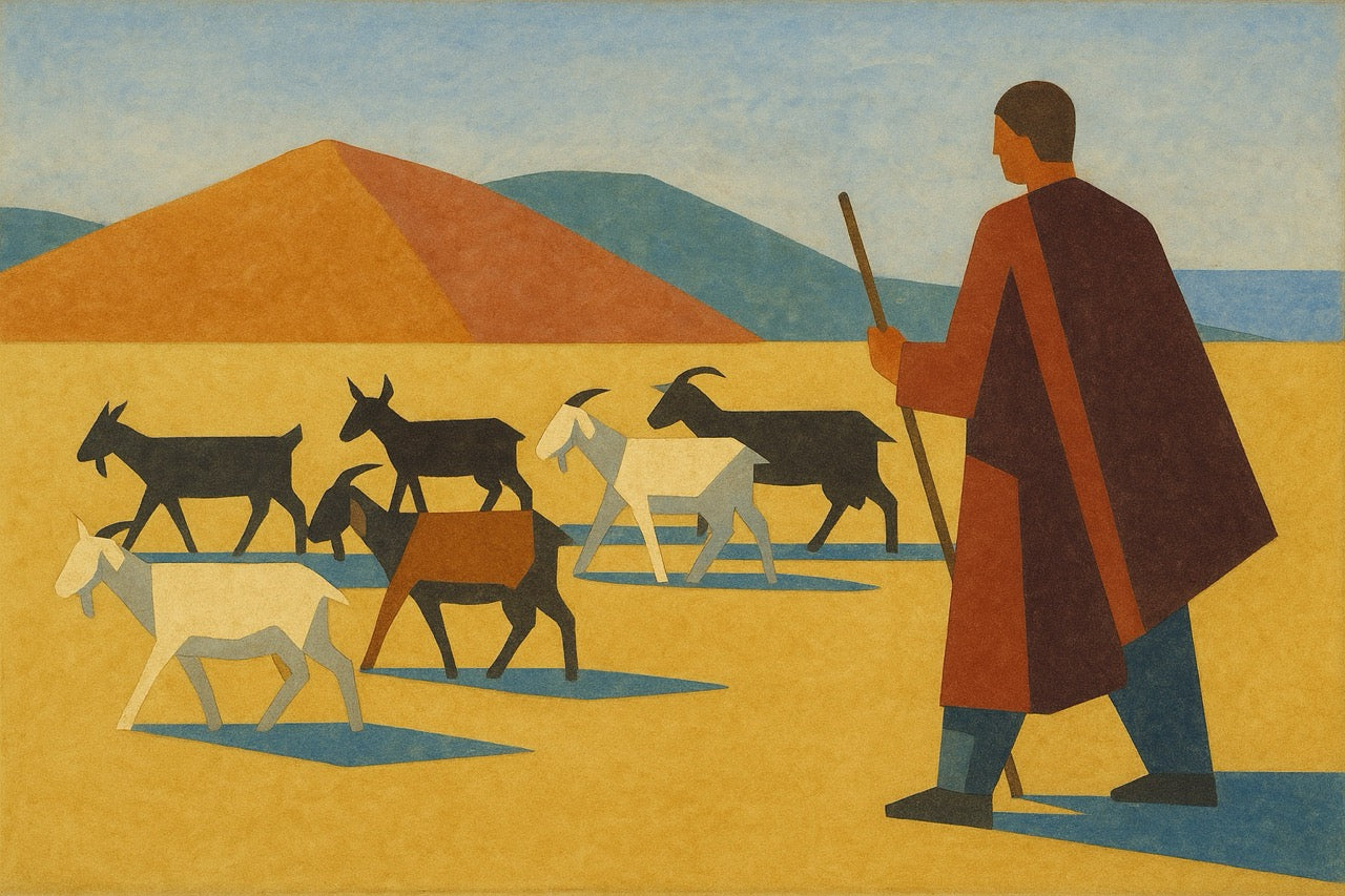 Painting of a shepherd with goats in a desert landscape
