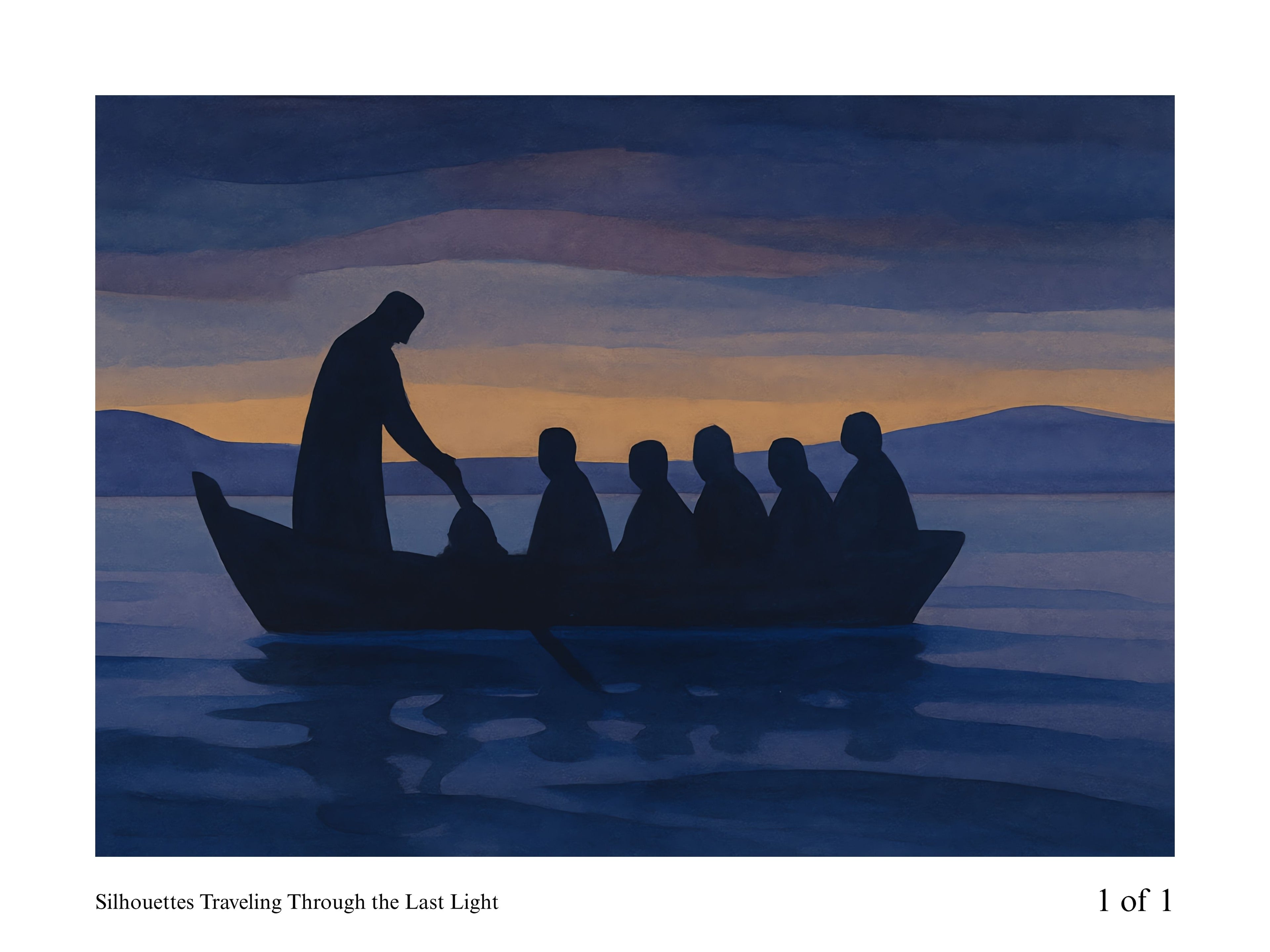 Silhouettes of people in a boat against a twilight sky with mountains in the background.