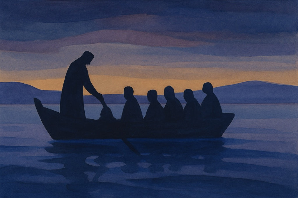 Silhouette of a person rowing a boat with five passengers against a sunset sky.