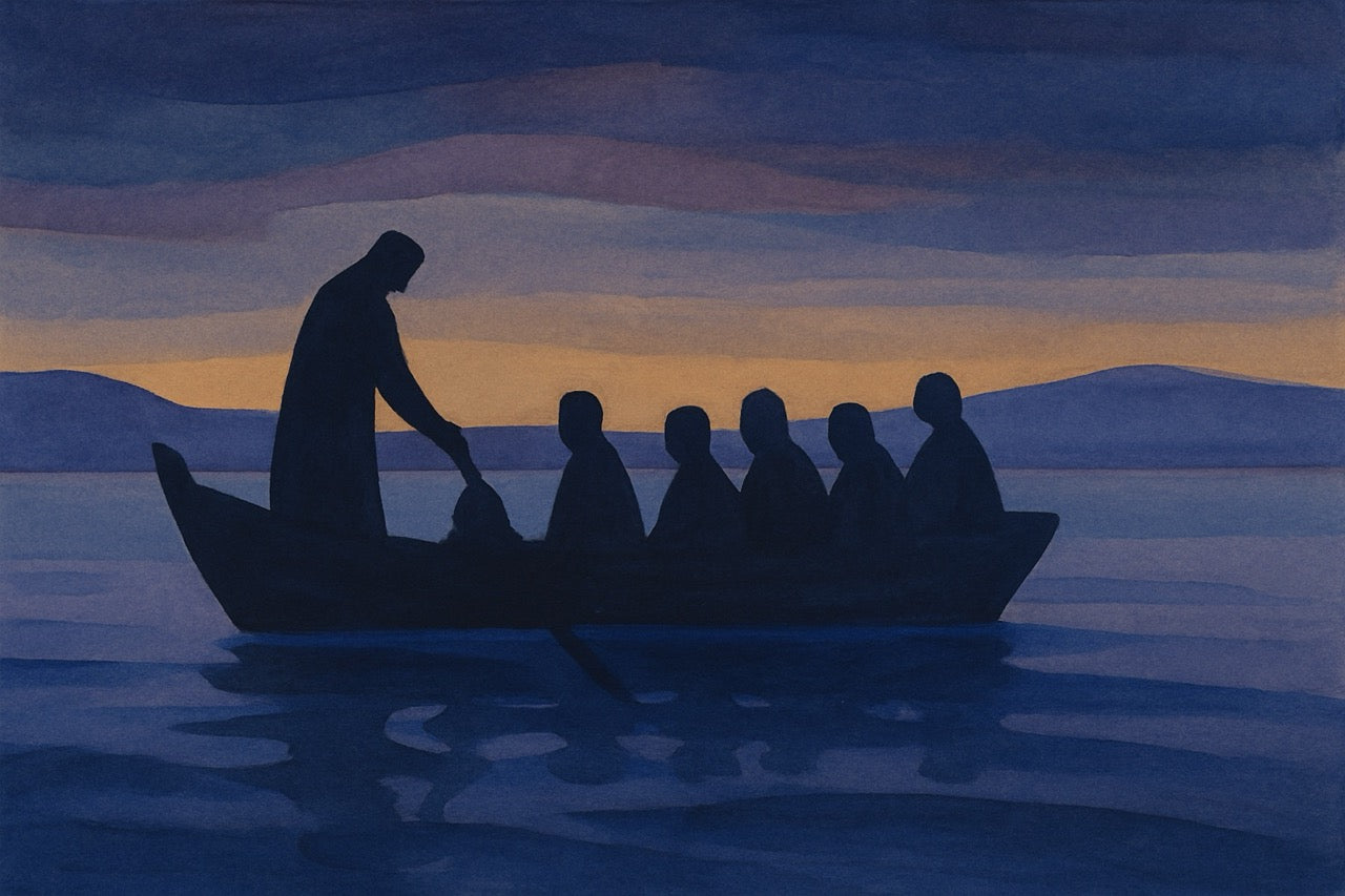 Silhouette of a person rowing a boat with five passengers against a sunset sky.