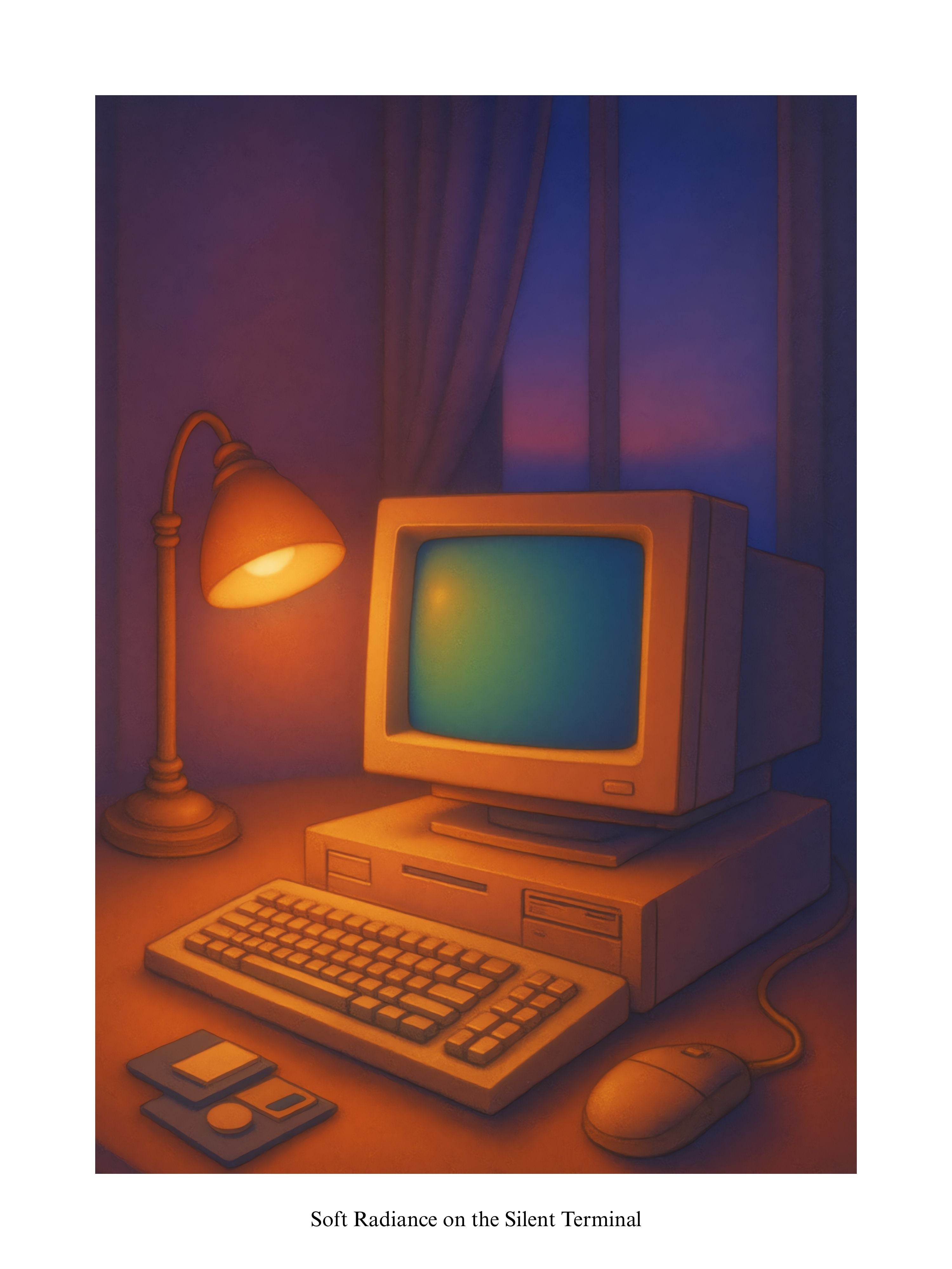 Vintage computer setup with monitor, keyboard, mouse, and lamp in a dimly lit room.