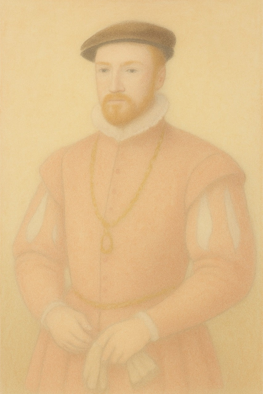 Portrait of a man in historical attire with a beige background