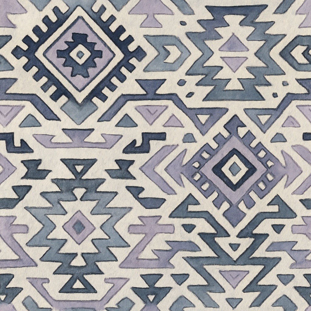 Geometric pattern with triangles and diamonds in blue and purple on a white background