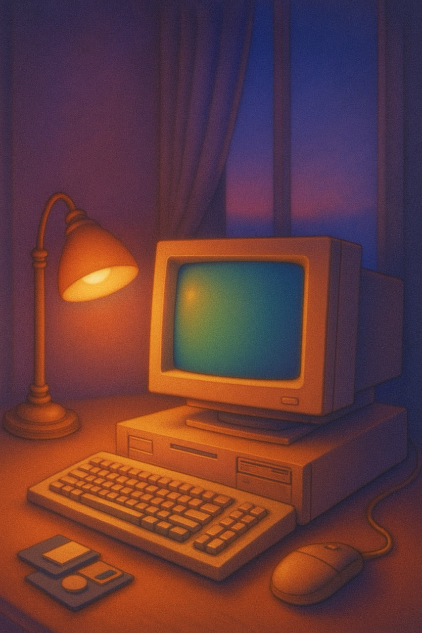 Vintage computer setup with monitor, keyboard, mouse, and floppy disk on a desk with a lamp and curtains in the background.