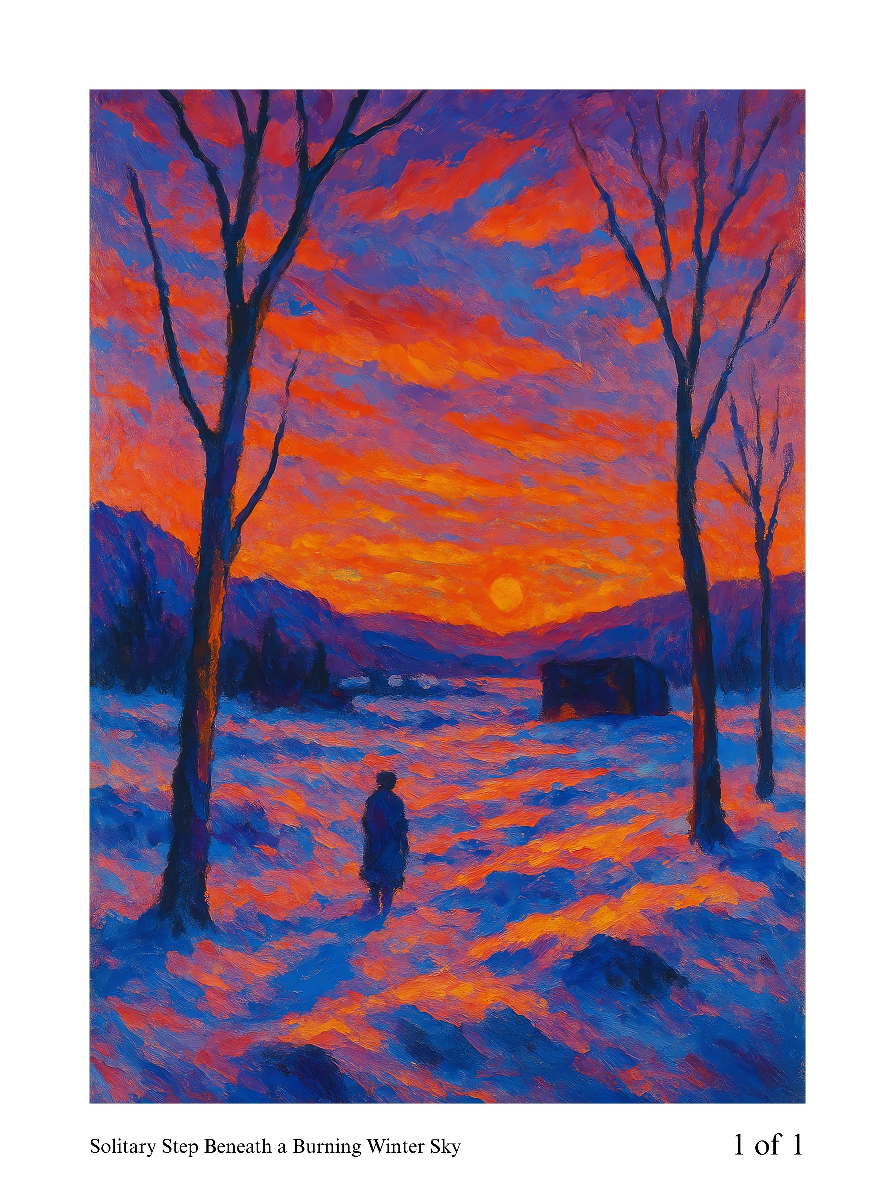 Painting of a person walking in a snowy landscape under a vibrant, fiery sky.