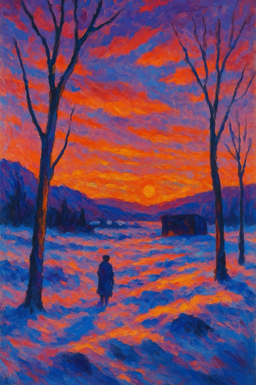 Winter landscape with a person walking on a snow-covered field at sunset, painted in vibrant purple and orange hues.