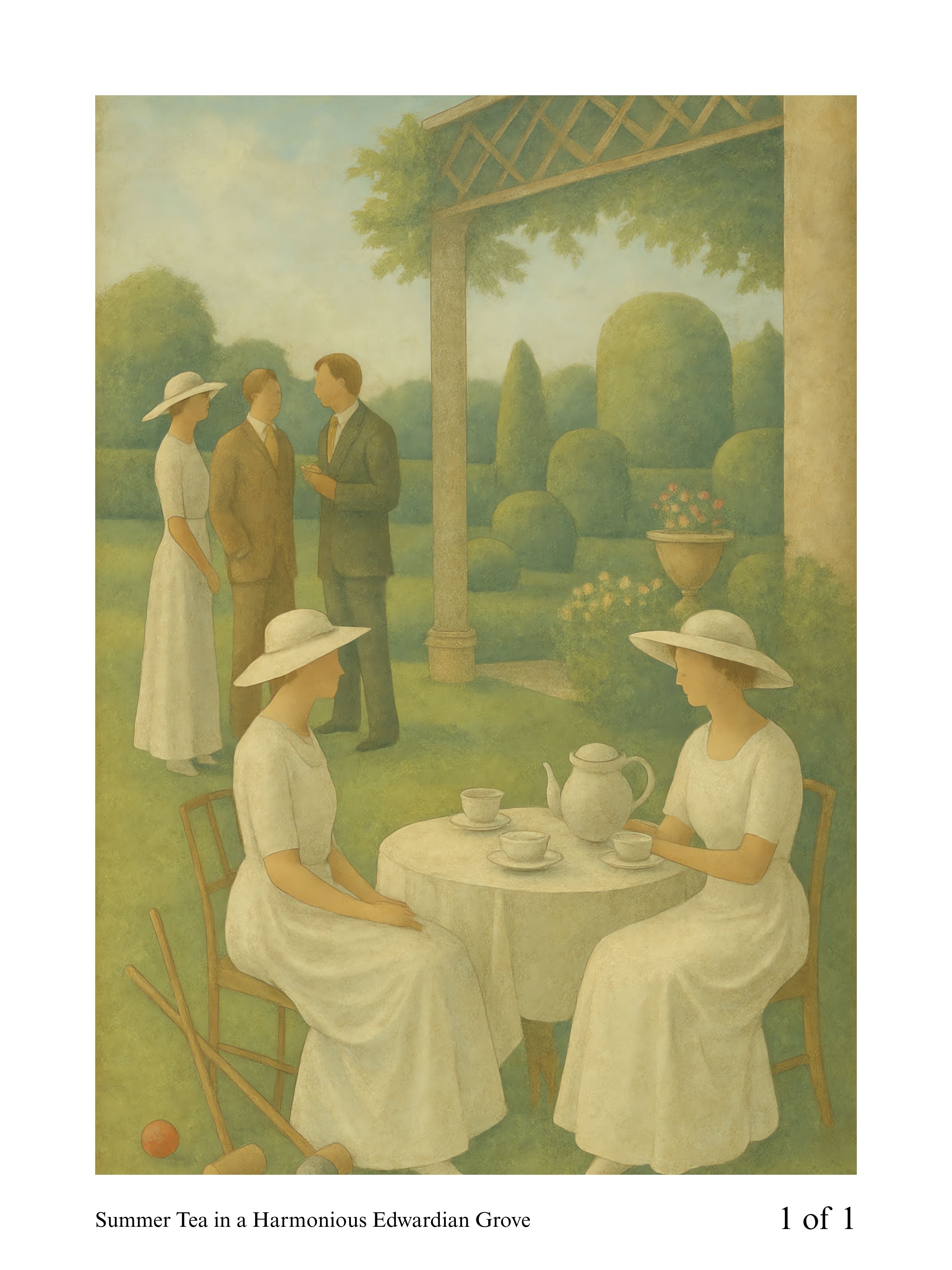 Painting of a garden scene with people in Edwardian attire, sitting at a table with tea.