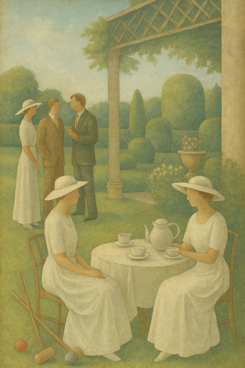 Two women in white dresses sitting at a table in a garden with a man and woman standing nearby.