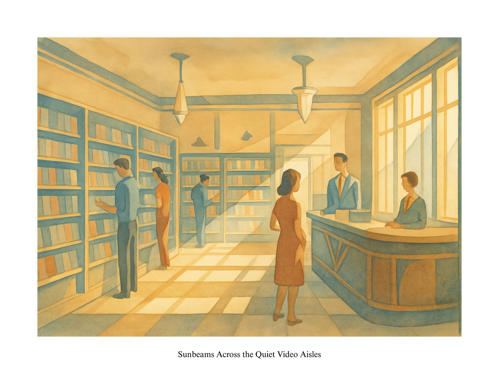 Illustration of a library with people browsing books and a person at the counter.