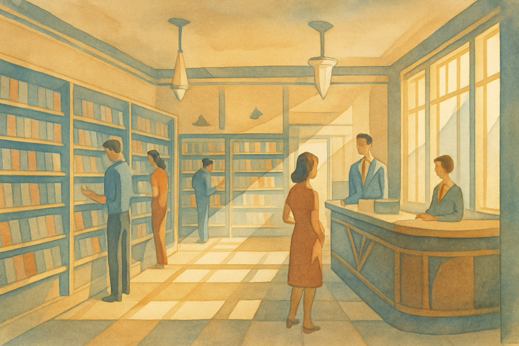 Illustration of a library with people browsing books and at the counter.